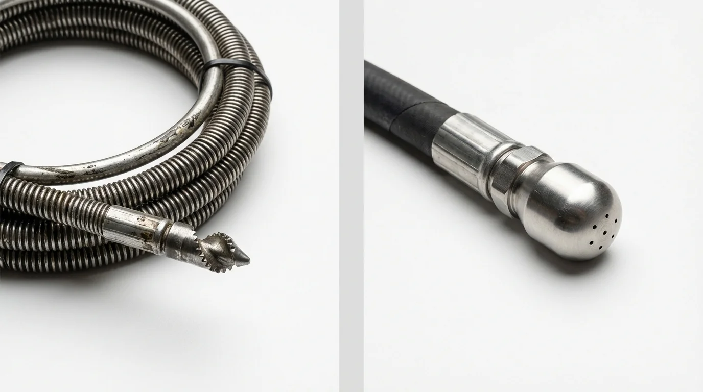 Drain snake cable and hydro jetting nozzle used for drain cleaning in Greenwood, WI