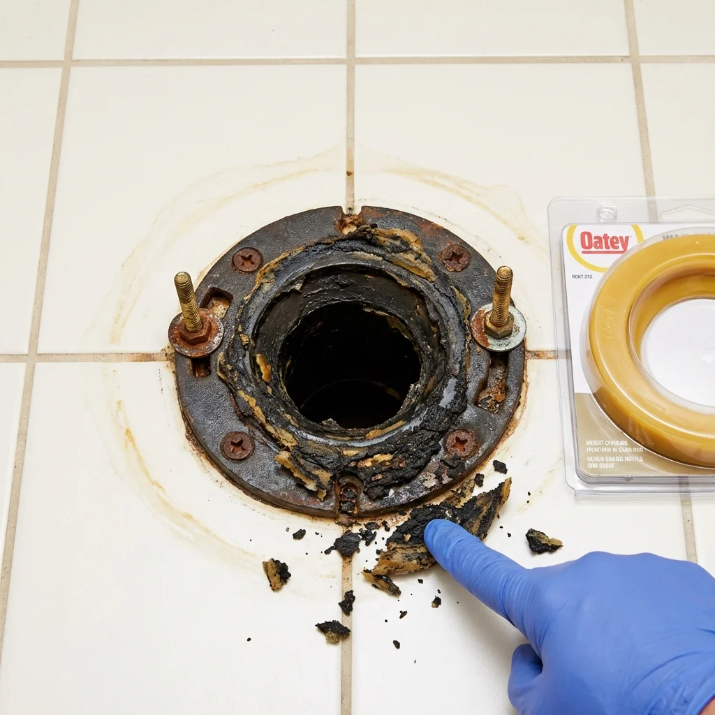 Failed wax ring showing water seepage at the base of a toilet in a Greenwood, WI home