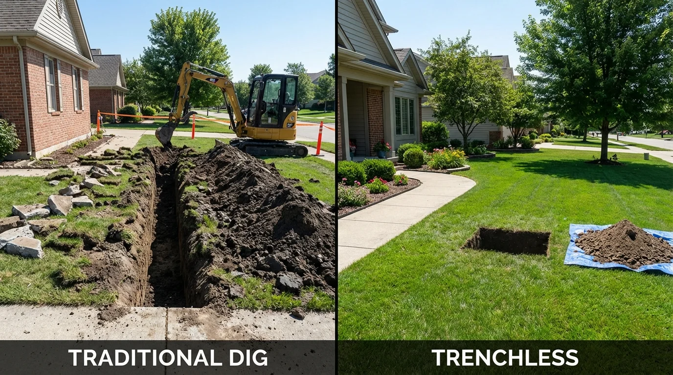Trenchless sewer repair with minimal yard damage versus traditional excavation in Greenwood, WI