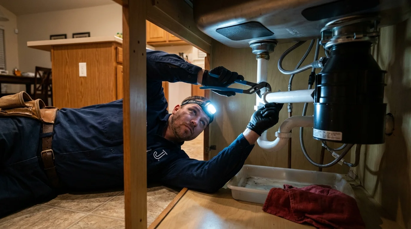 P-trap and supply line connections under a kitchen sink showing a common leak point in Greenwood, WI